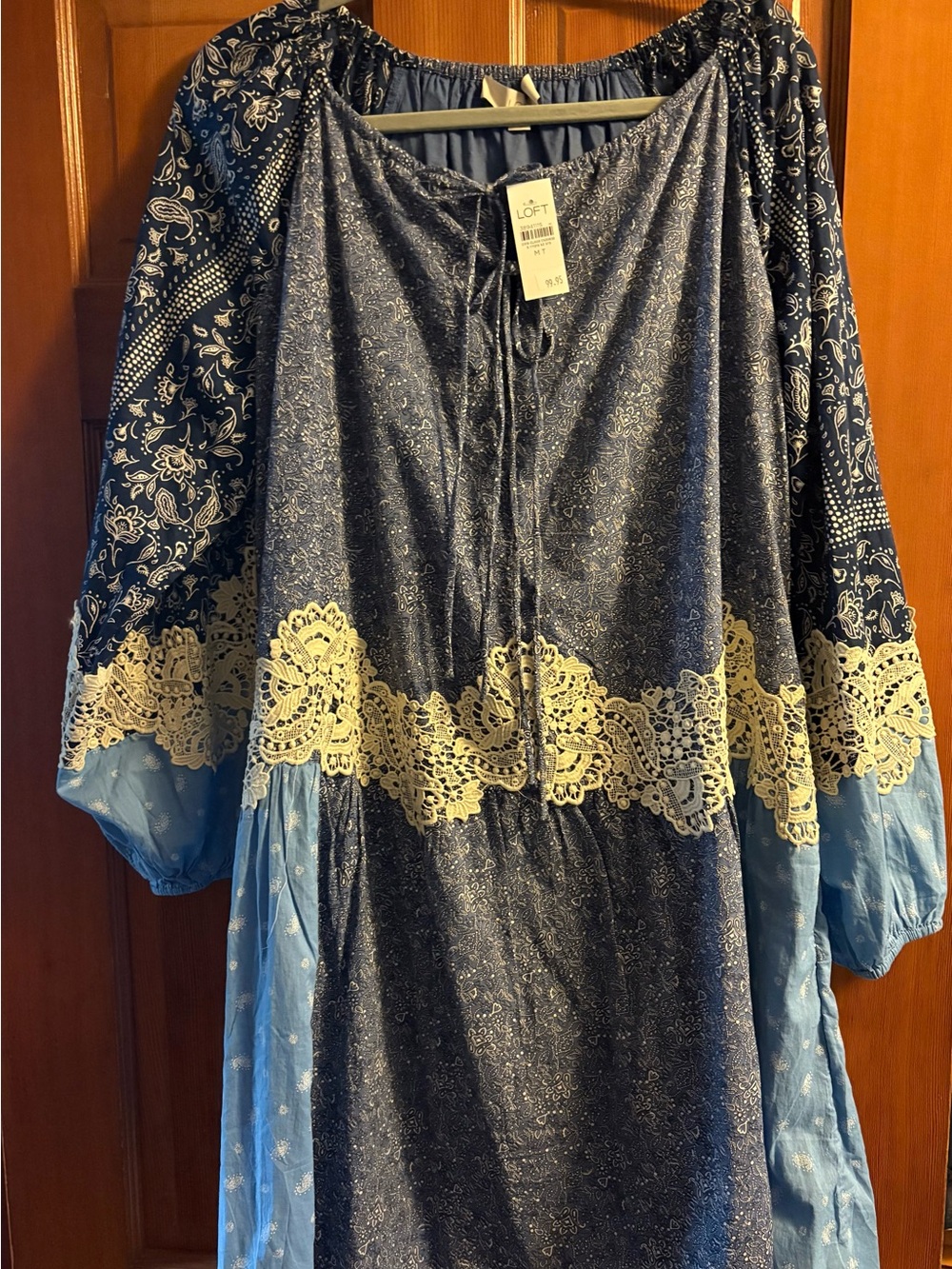 LOFT Navy and Light Blue Long Sleeve Lace-Trim Dress